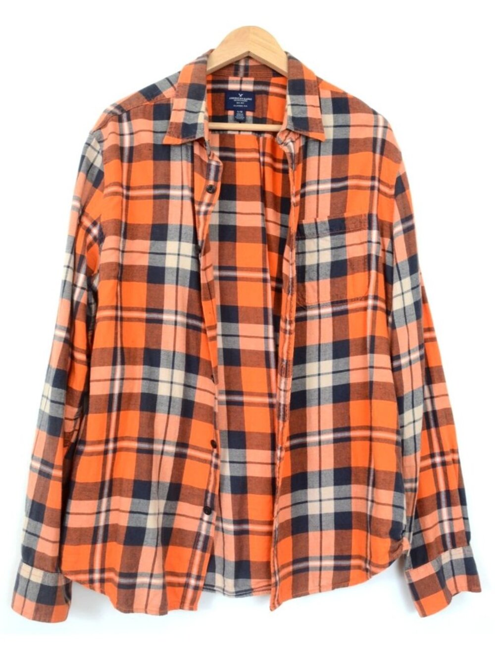American Eagle Outfitters Men LG Cotton Orange Blue Plaid Long Sleeve Shirt